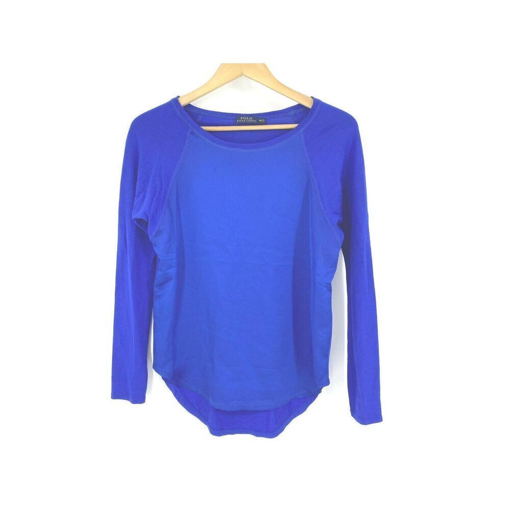 Polo Ralph Lauren T Shirt Size XS Womens Blue Charmeuse Glossy Front Raglan Top